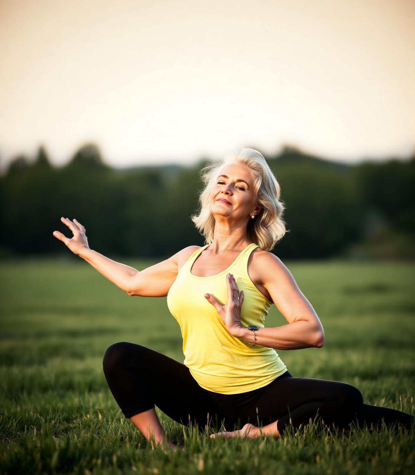 Mulher madura praticando yoga ao amanhecer