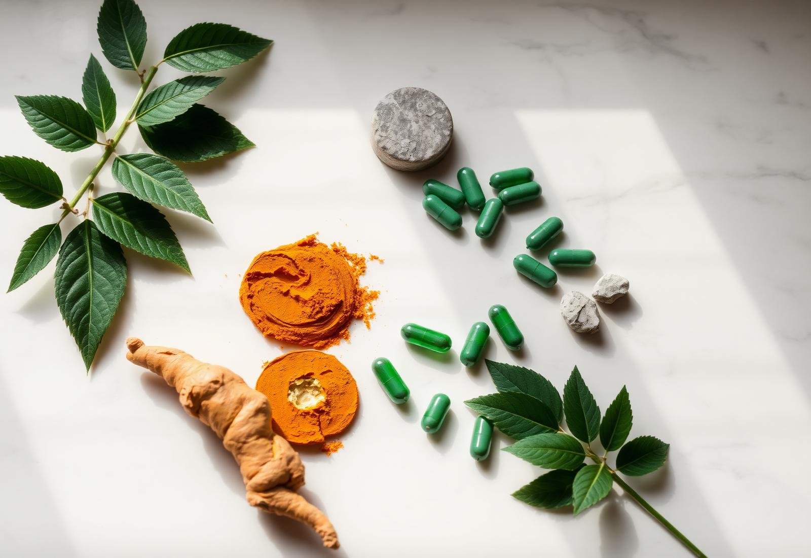 Ingredientes naturais da fórmula CartNutri sobre mármore